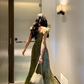 A Line V Neck Prom Party Dress Chiffon Green Flora Evening Dress fg8689