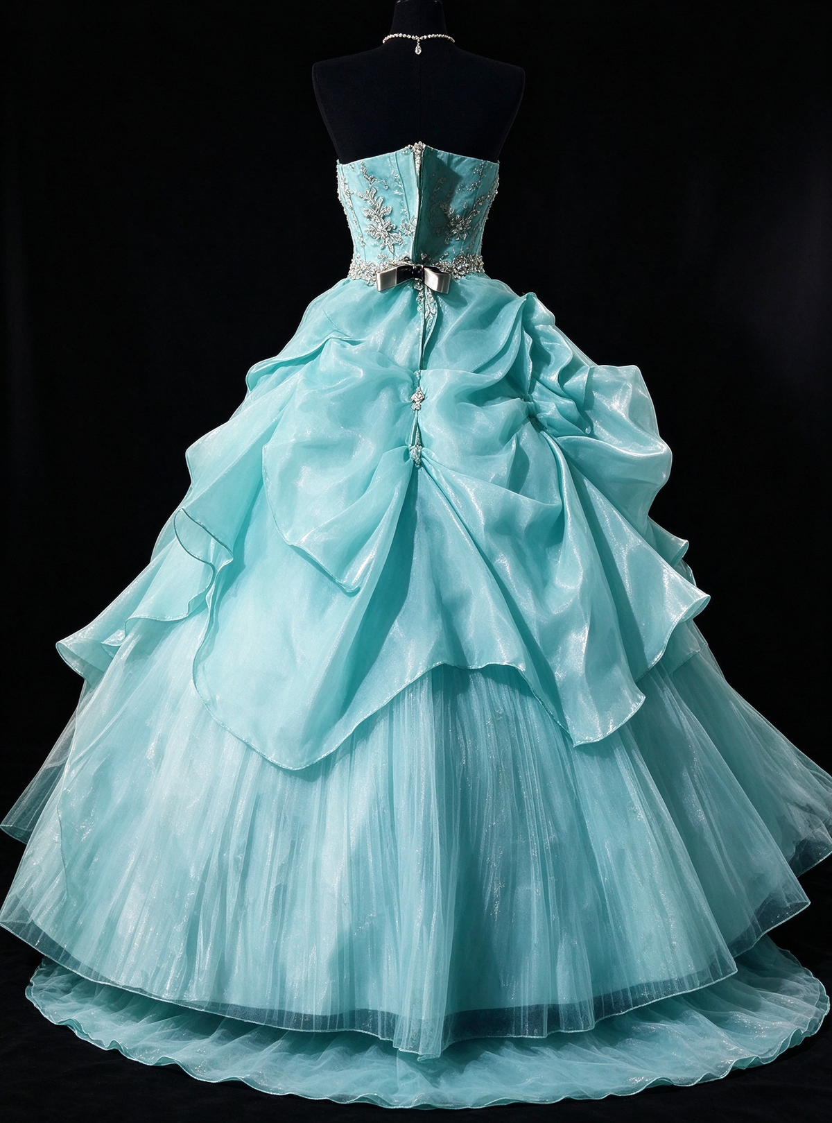 Sweetheart Mint Shimmer Organza Ball Gown with Pleated Bodice & Lace Appliqué fg8960