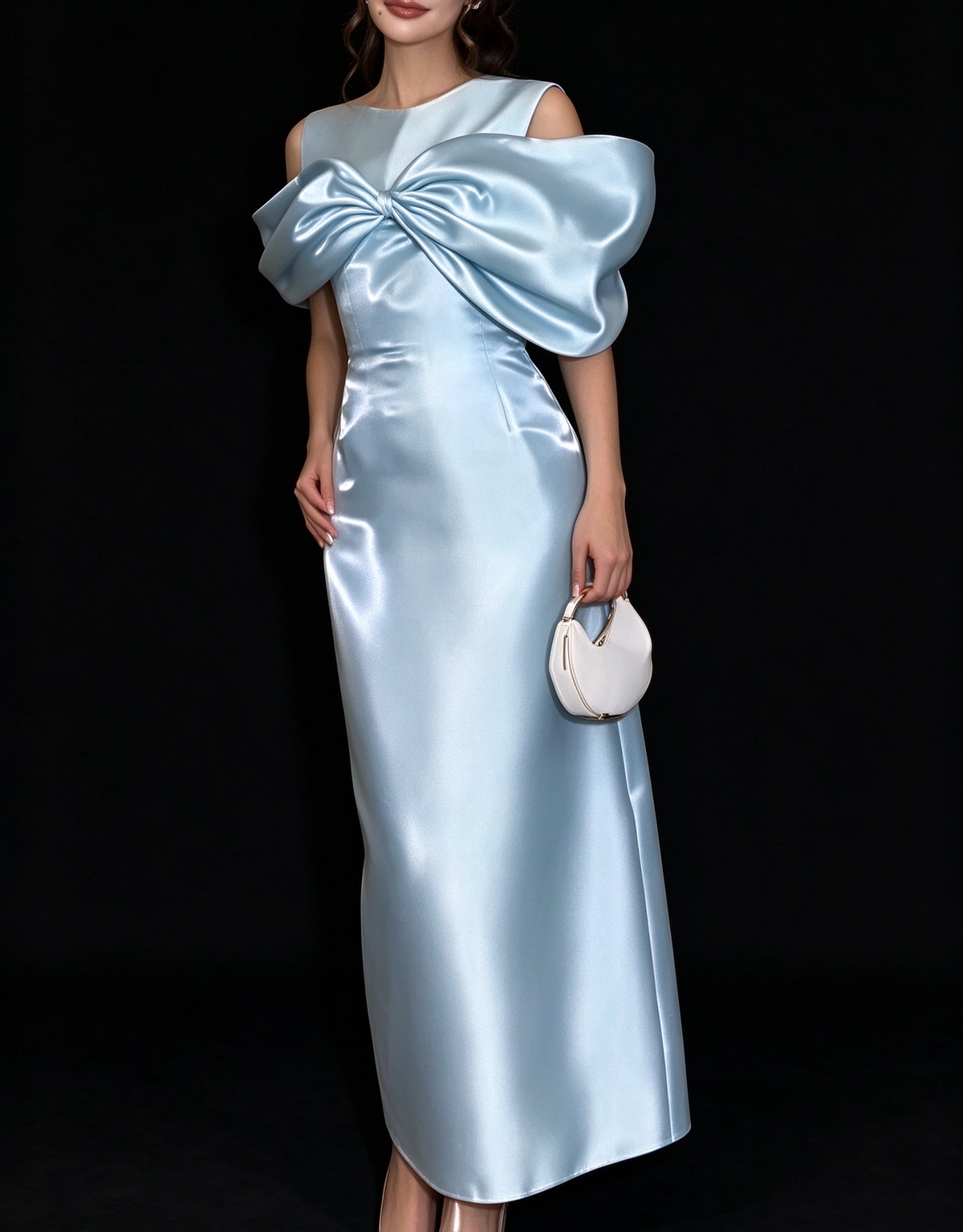 Light Blue Satin Midi Evening Dress With Big Bow Off Shoulder fg9012