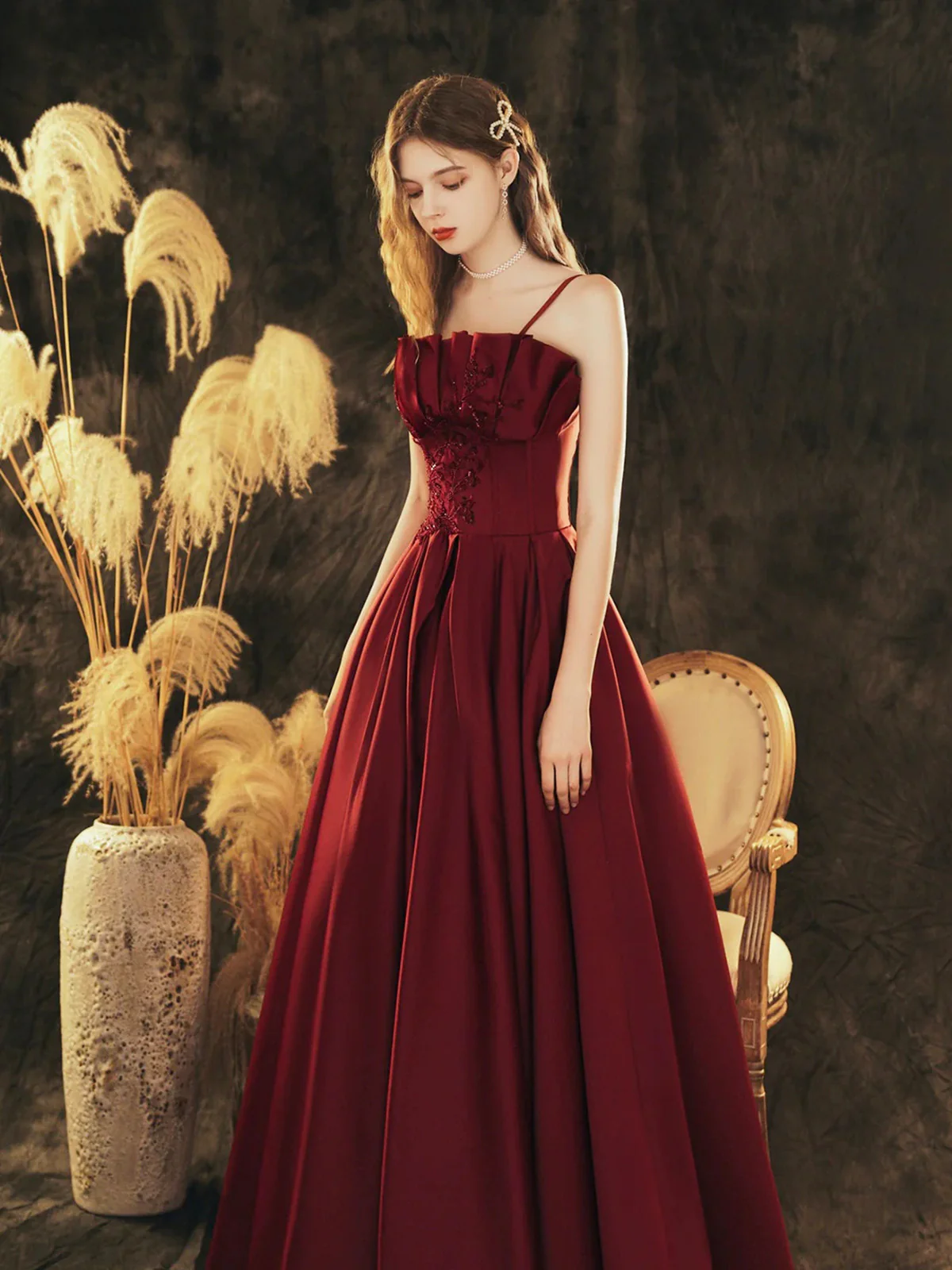 Wine Red Satin Beaded Straps Prom Dress Evening Dress, Wine Red A-line Formal Dress  fg8739