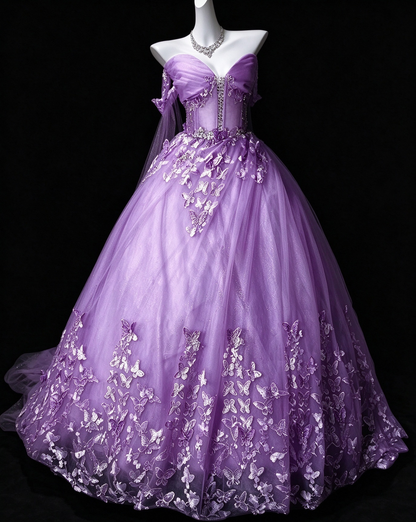 One-shoulder Lavender Tulle Ball Gown with 3D Butterfly Appliqués & Court Train fg8961