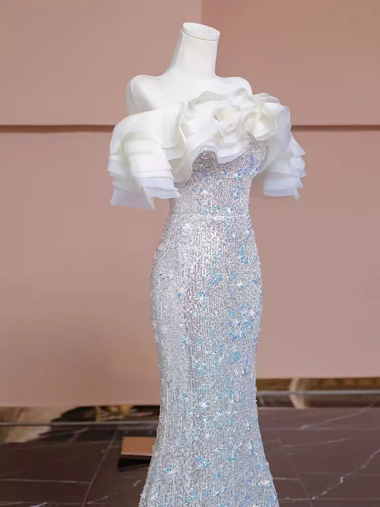 Mermaid Off The Shoulder Sequin Long Evening Dress Beads Prom Dress  fg8578