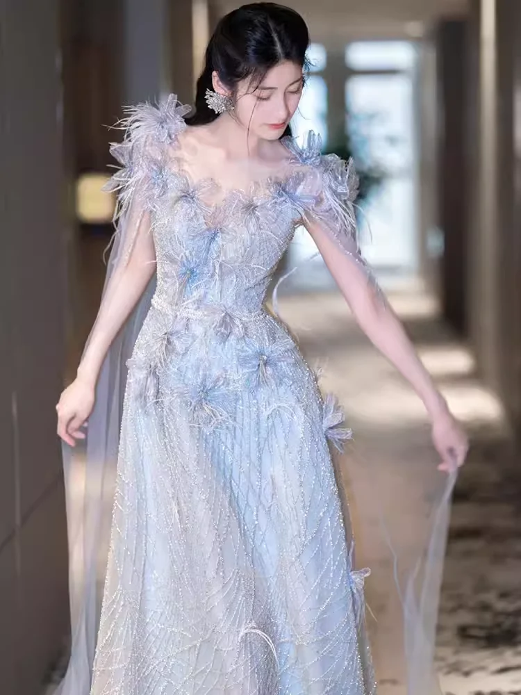 A line Straps Sequin Beads Long Evening Dress Prom Dresses With Flowers  fg8586