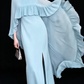 Light Blue Chiffon Cape Sleeve Beaded Neck Slit Long Evening Dress fg9013