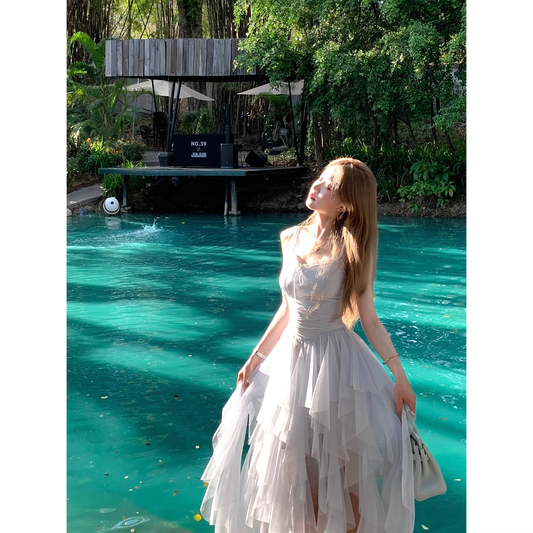 Sheer vacation dress, early spring irregular princess halter maxi dress A38