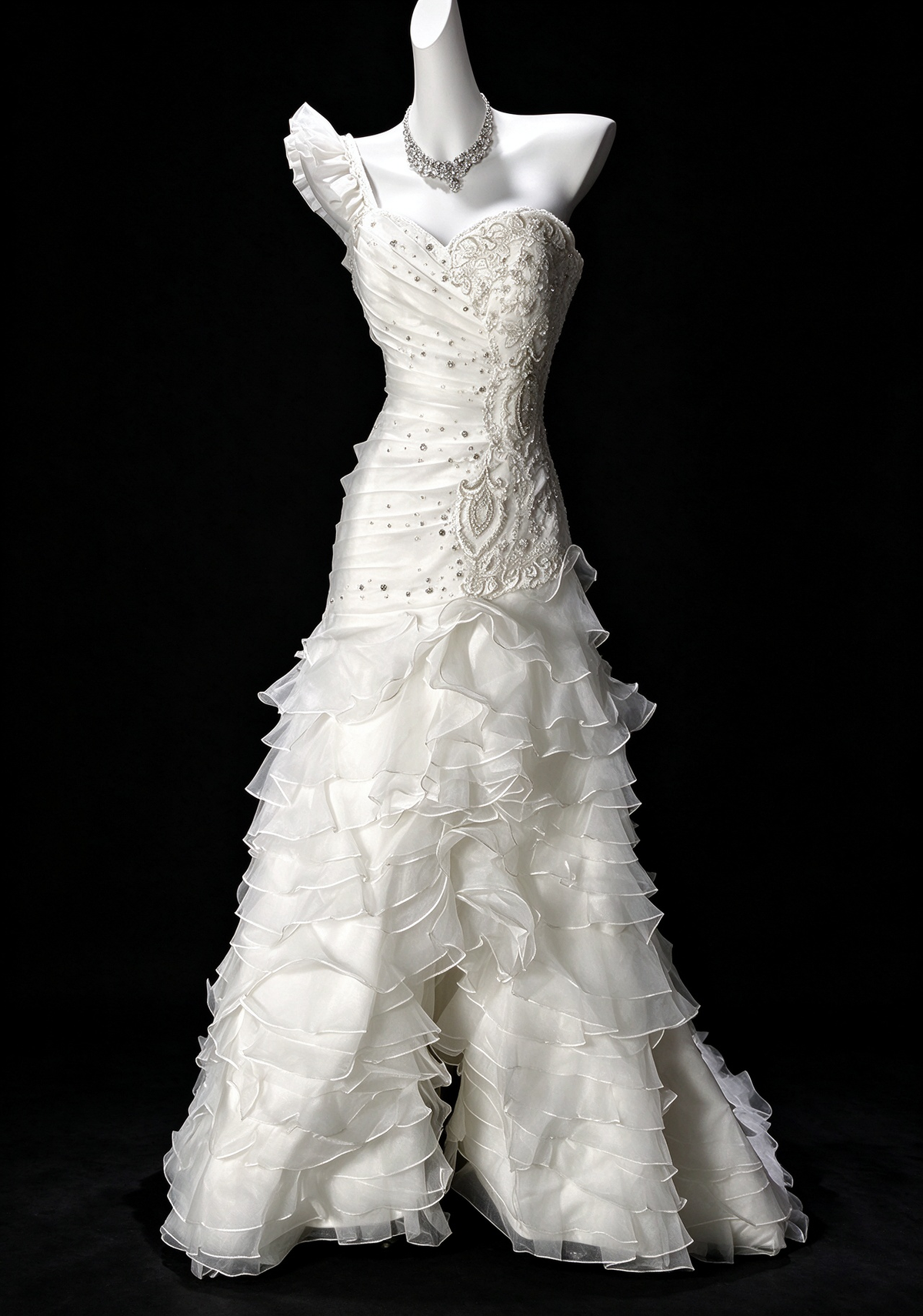 One-Shoulder White Mermaid Wedding Dress with Lace Beading & Tiered Ruffle Skirt fg8962