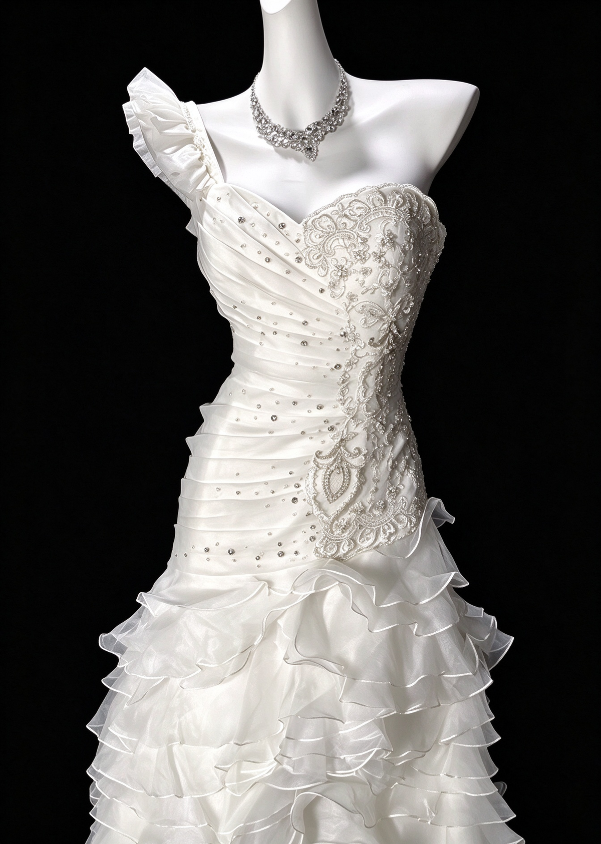 One-Shoulder White Mermaid Wedding Dress with Lace Beading & Tiered Ruffle Skirt fg8962
