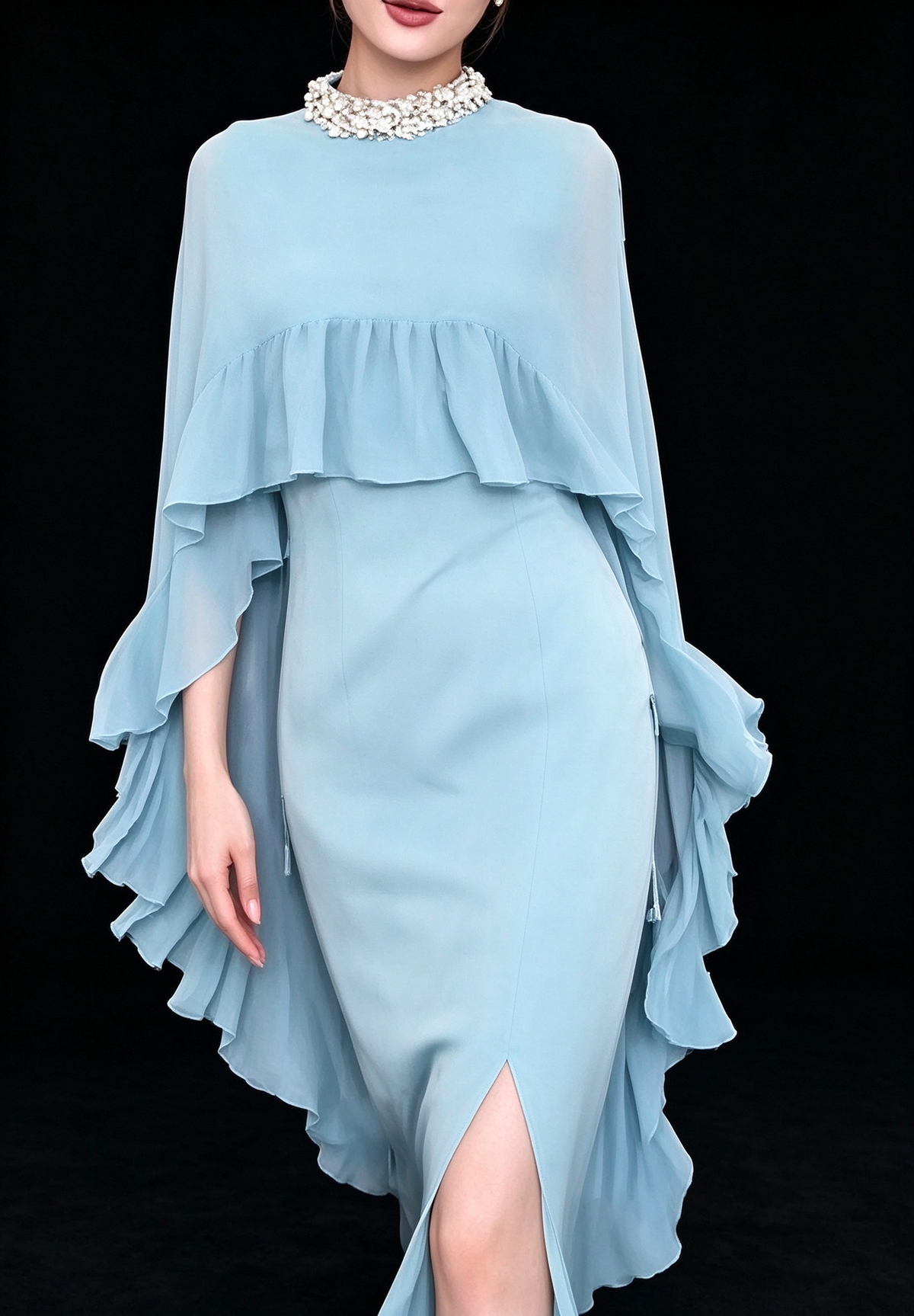 Light Blue Chiffon Cape Sleeve Beaded Neck Slit Long Evening Dress fg9013