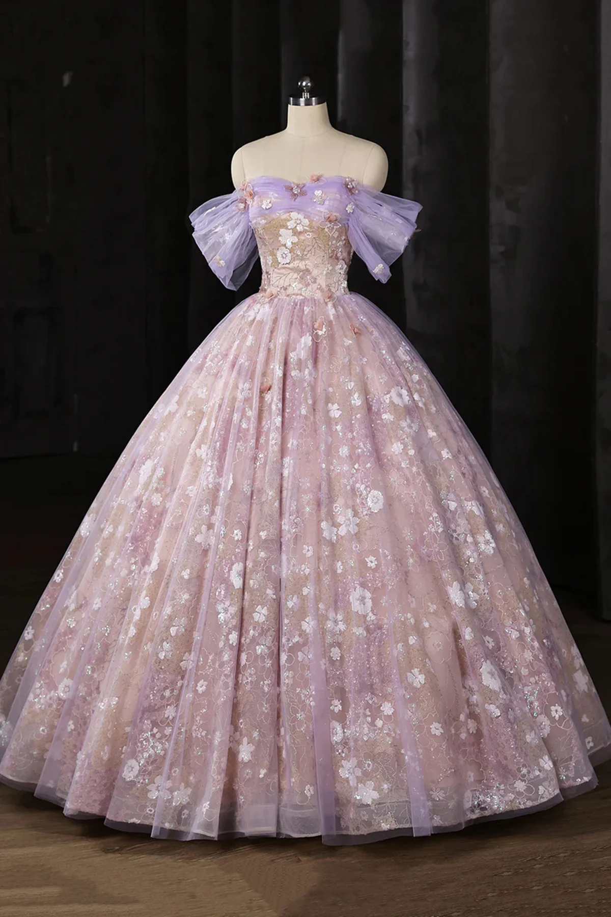 Light Purple Floral Tulle Prom Dress with Lace, A-line Off Shoulder Ev – formalgowns