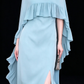Light Blue Chiffon Cape Sleeve Beaded Neck Slit Long Evening Dress fg9013