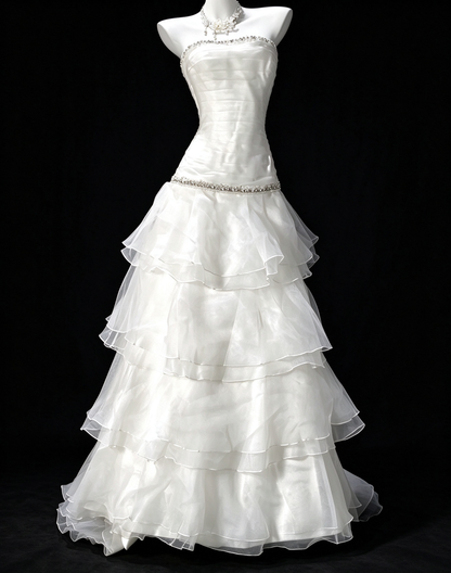 White A-line Sleeveless Wedding Dress with Beading & Tiered Ruffle Skirt fg8963