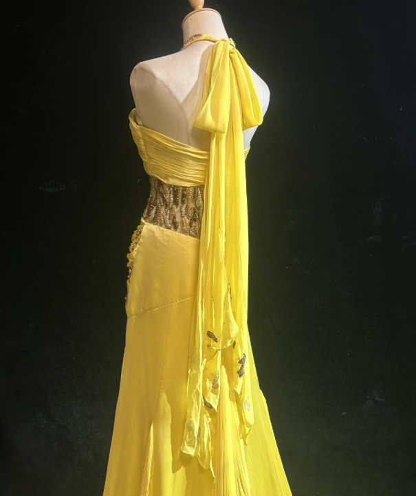Classy Yellow Chiffon Prom Party Dress Beads Evening Gowns  fg8596
