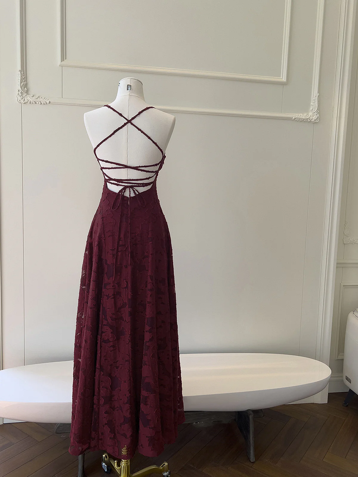 Wine Red Lace Cross Back Party Dress Prom Dress, Wine Red A-line Evening Dress  fg8740