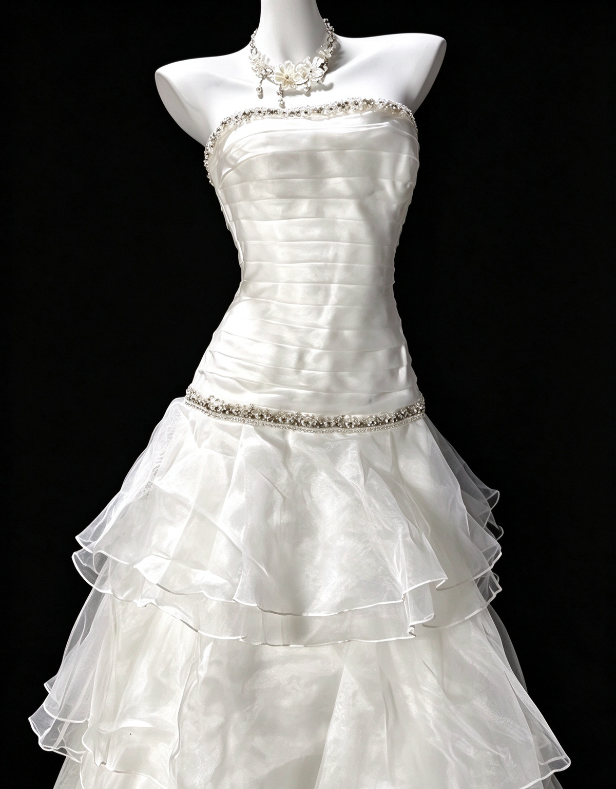 White A-line Sleeveless Wedding Dress with Beading & Tiered Ruffle Skirt fg8963