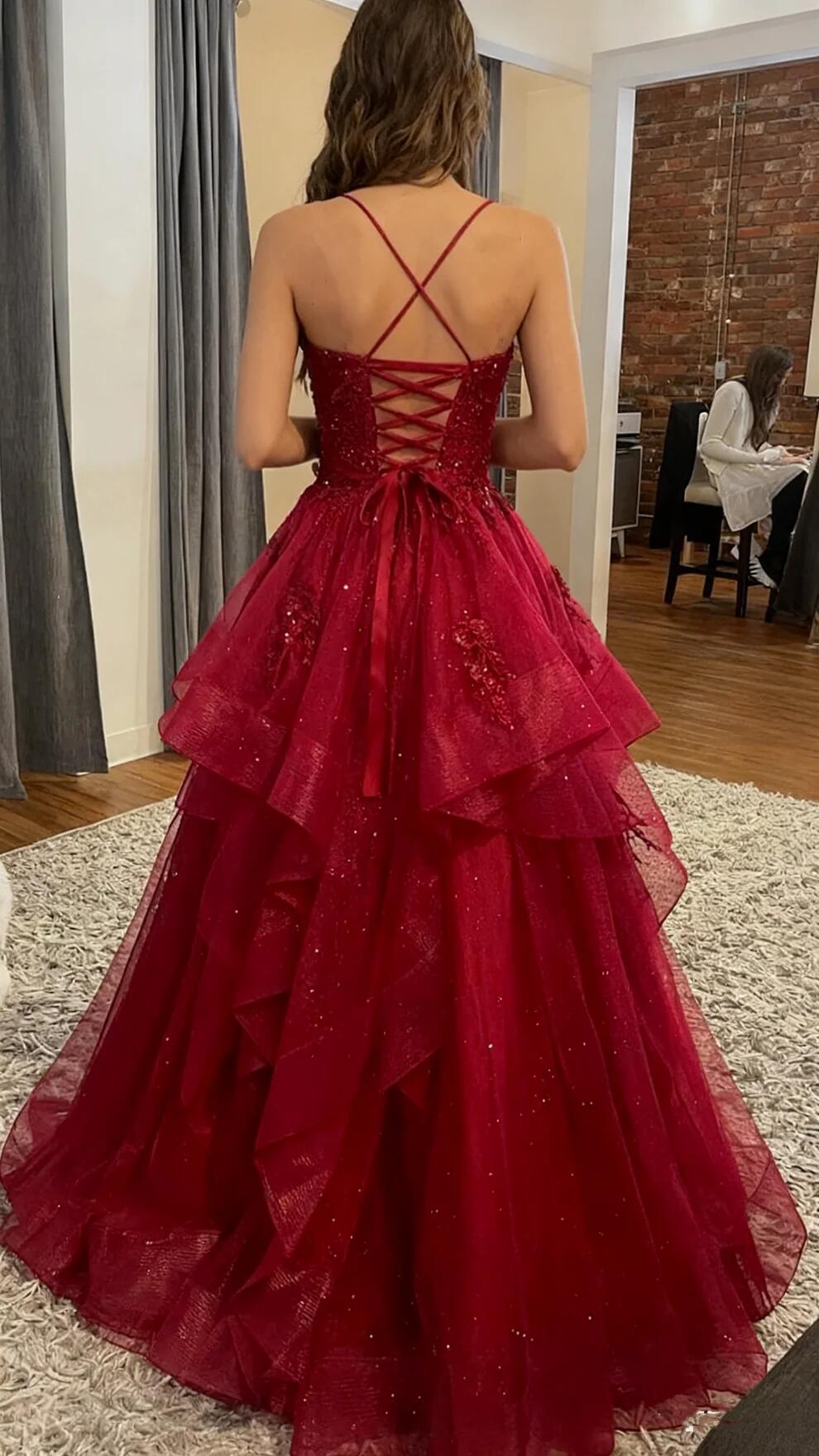 Burgundy Shinny Tulle A-Line Long Prom Dress Evening Party Dresses  fg7644