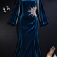 Blue Boat Neck Beaded Velvet Evening Gown fg9068