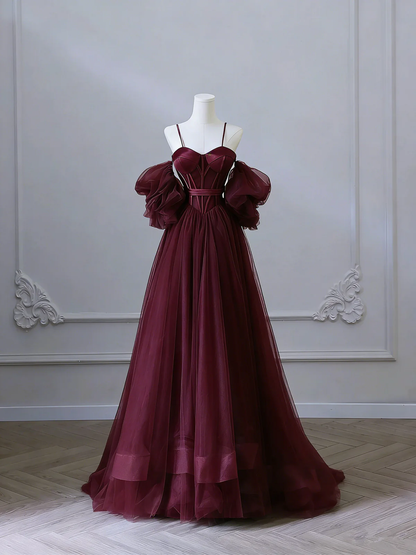 Wine Red Satin and Tulle Vintage Style Prom Dress, Sweetheart Long Party Dress  fg8736