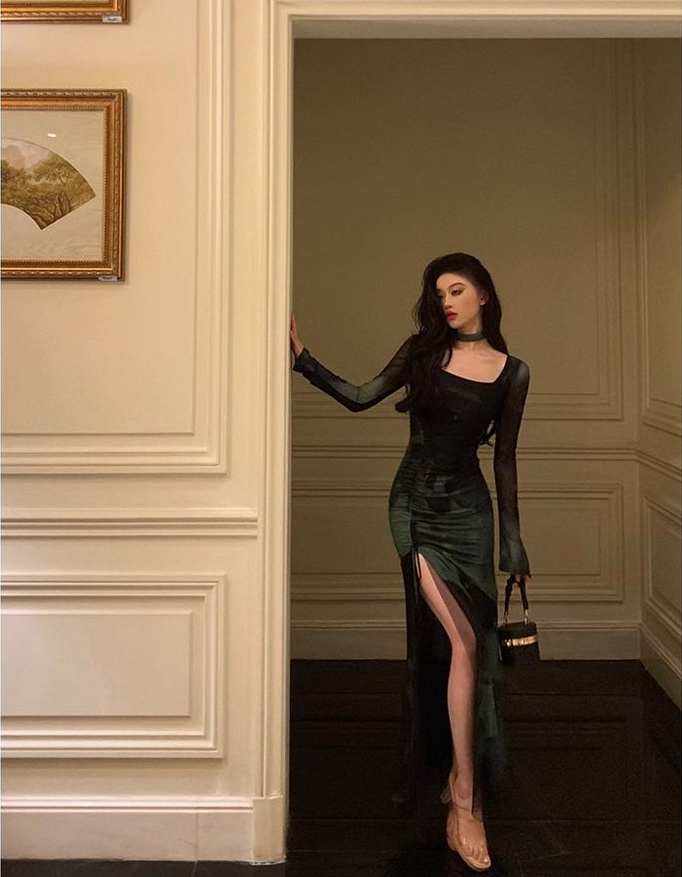 Chic Sheath Square Neckline Long Sleeves Green Long Prom Dresses Birth formalgowns Chic Sheath Square Neckline Long Sleeves Green Long Prom Dresses Birth formalgowns