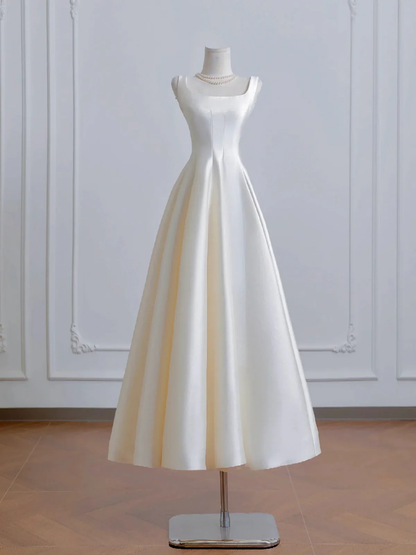 Ivory Satin Tea Length Simple Style Wedding Party Dress, Ivory Satin Prom Dress Formal Dress  fg8731