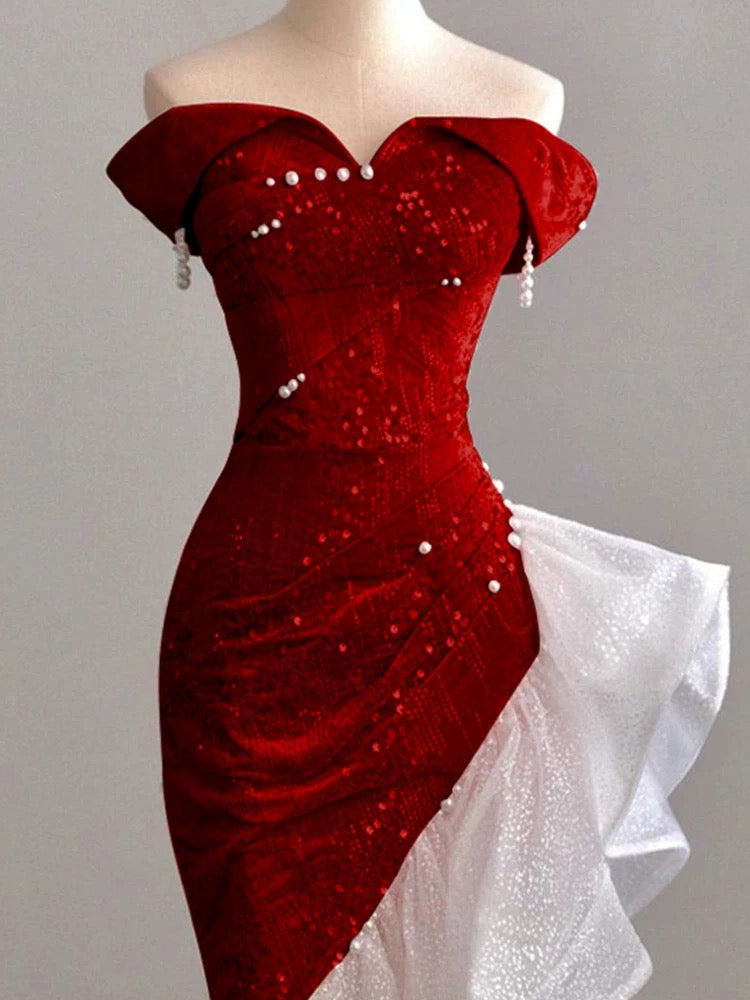 Mermaid Off the Shoulder Prom Gown with Sequins, Sparkly Formal Dresses      fg5081