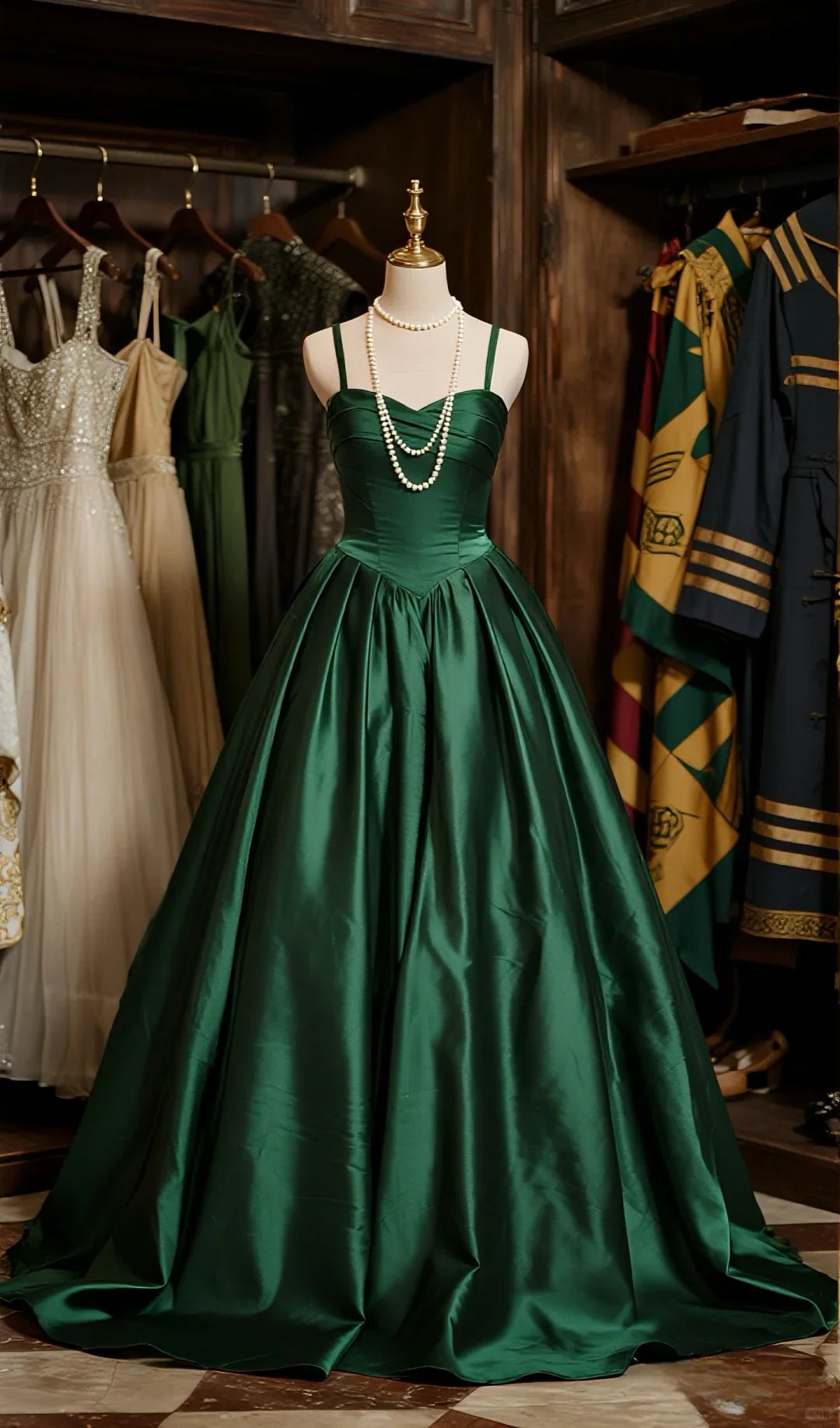 Ball Gown Dark Green Spaghetti Straps Satin Long Prom Dress, Evening Dress fg8486