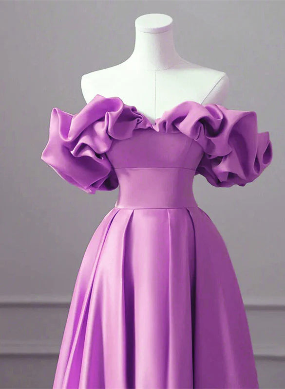Purple Satin Off Shoulder Long Evening Dress, Purple Wedding Party Dress      fg3381