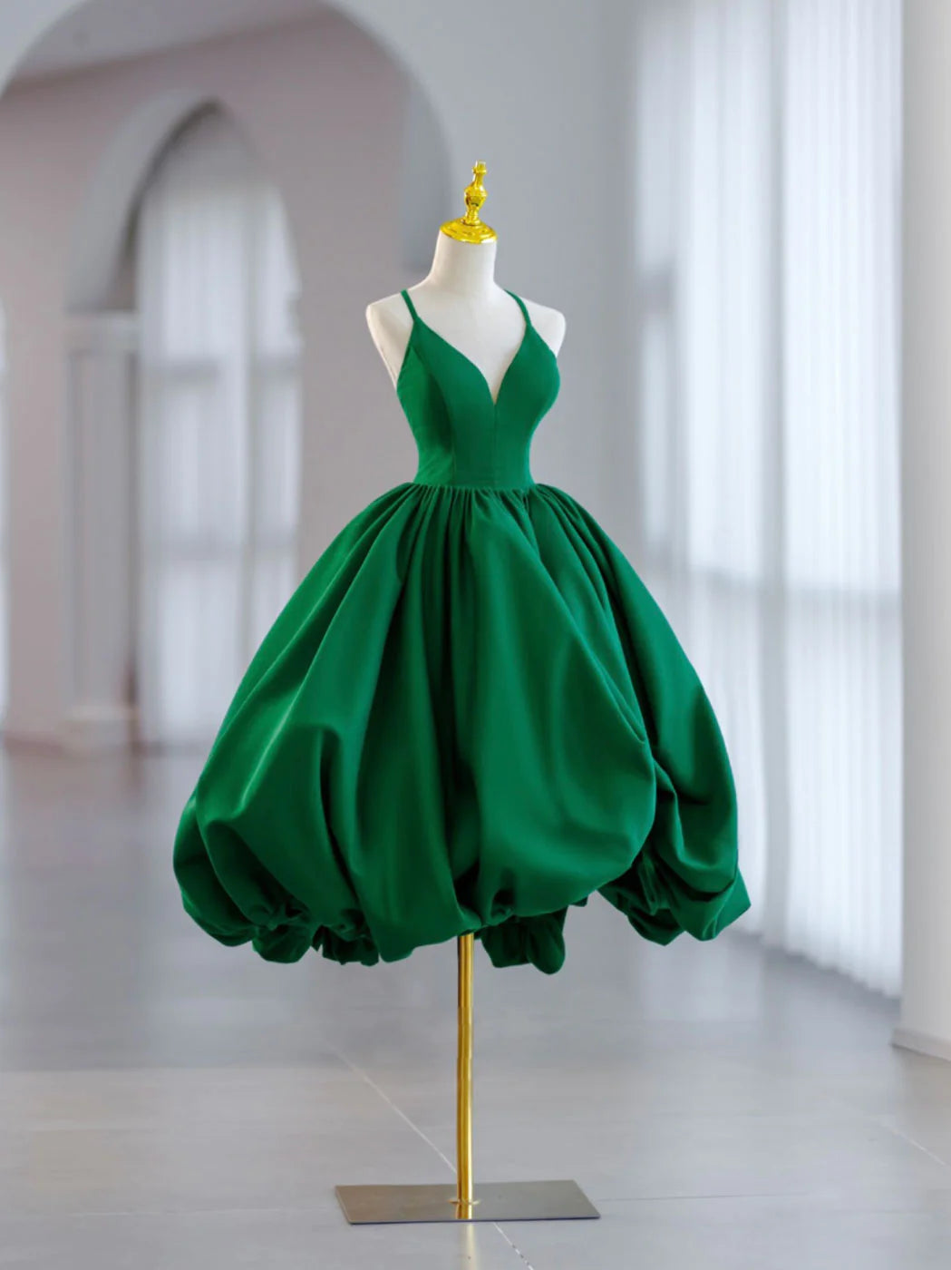Green Ball Gown Satin Short Prom Dress, Green Satin Evening Dress Gree – formalgowns