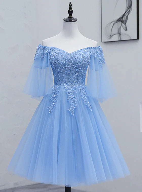 Lovely Light Blue With Lace Off Shoulder Short Prom Dress, Blue Homeco formalgowns Lovely Light Blue With Lace Off Shoulder Short Prom Dress, Blue Homeco formalgowns