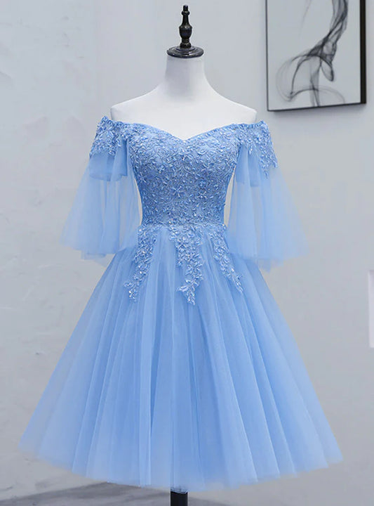 Lovely Light Blue With Lace Off Shoulder Short Prom Dress, Blue Homecoming Dresses     fg3428