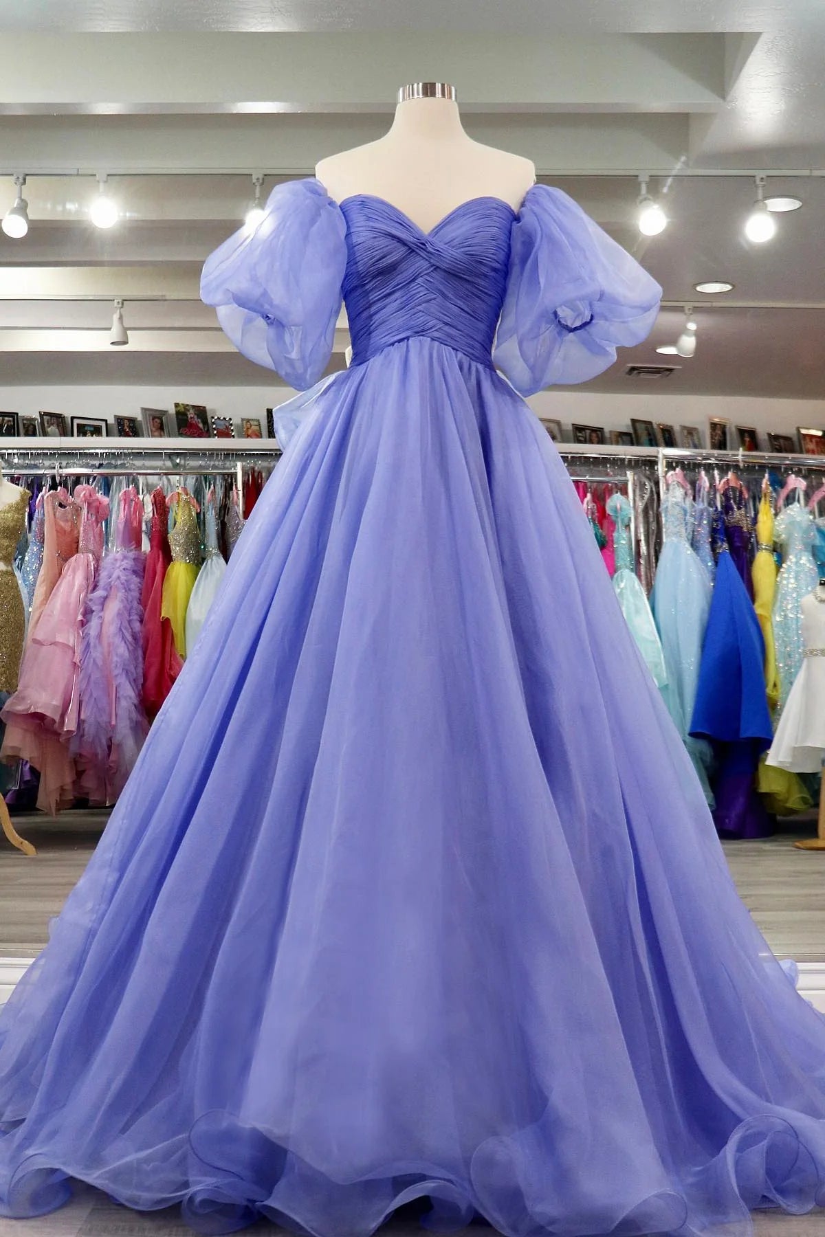 Lavender Tulle A-line Off-Shoulder Puff Sleeves Pleated Long Prom Dres – formalgowns