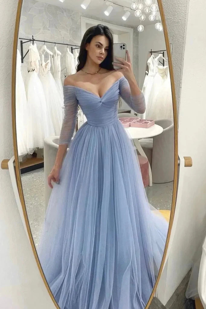 Light Blue 3/4 Sleeves V Neck Long Prom Dresses, A Line Tulle Formal Evening Dresses     fg3496