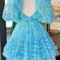 Blue Floral Print Short Baby Doll Homecoming Dress with Balloon Sleeves   fg3590