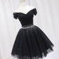 Black Off Shoulder Tulle Sequin Short Prom Dress, Black Homecoming Dresses       fg3411