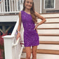 One Shoulder Purple Sequin Bodycon Mini Dress Short Prom Dress    fg3657