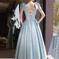 blue v neck satin beads long prom dress, blue evening dress     fg2249