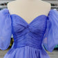 Lavender Tulle A-line Off-Shoulder Puff Sleeves Pleated Long Prom Dress     fg3408