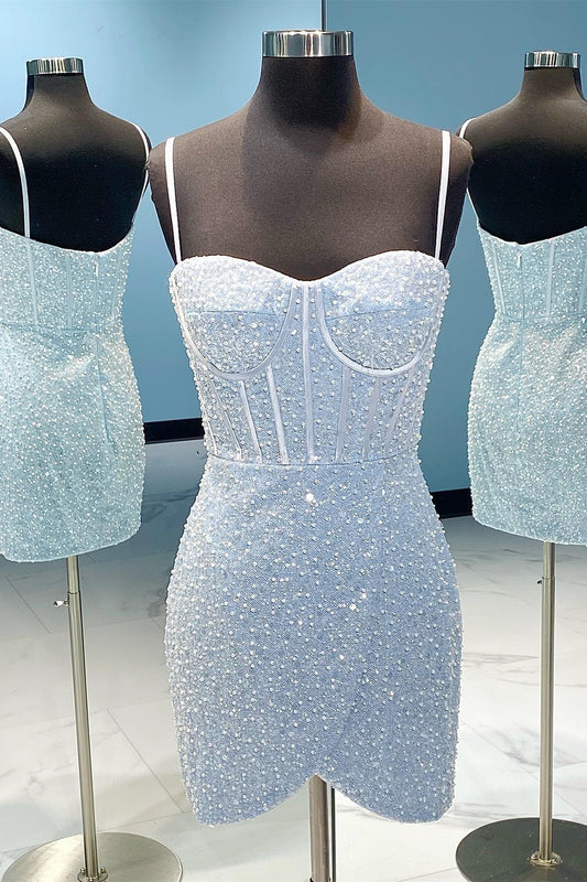 Spaghetti Straps Light Sky Blue Sequin Bodycon Mini Party Dress Short Prom Dress    fg3654