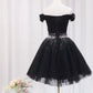 Black Off Shoulder Tulle Sequin Short Prom Dress, Black Homecoming Dresses       fg3411