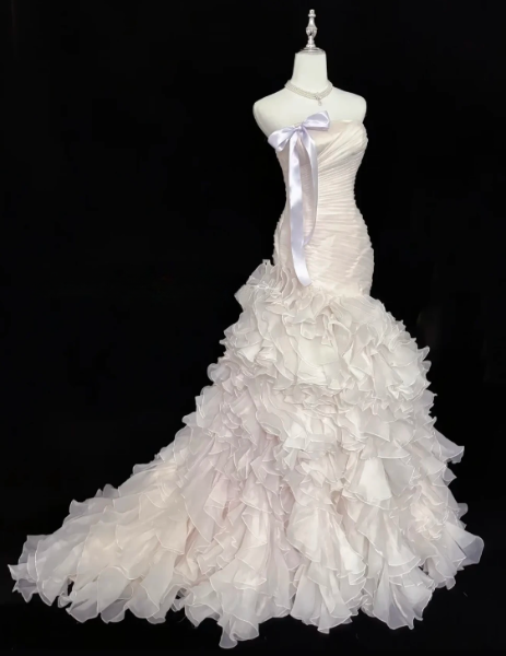 Strapless Sweetheart Ruched Satin Ruffled Organza Mermaid Wedding Evening Gown fg8755