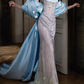 Strapless Draped Satin Sparkle Beaded Mermaid Evening Gown With Oversized Satin Sleeves fg8759