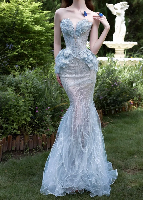 Strapless Sweetheart Beaded Tulle Mermaid Evening Gown fg8760