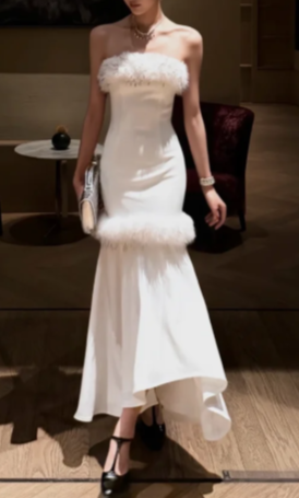 Strapless Feather Trim Mermaid Evening Gown, Backless Satin Formal Wedding Party Dress Gown fg8762