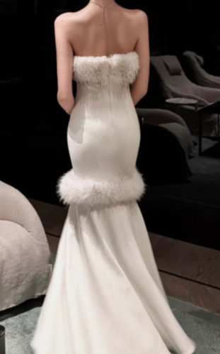 Strapless Feather Trim Mermaid Evening Gown, Backless Satin Formal Wedding Party Dress Gown fg8762