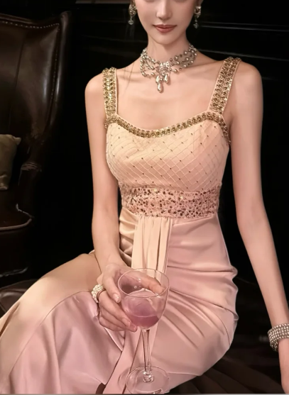 Champagne Beaded Strap Satin Long Evening Dress, Square Neck Ruched Formal Party Gown fg8763