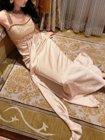 Champagne Beaded Strap Satin Long Evening Dress, Square Neck Ruched Formal Party Gown fg8763