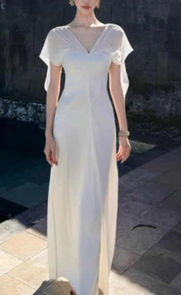 White V-Neck Flowy Sleeve Satin Long Evening Gown, Slim Formal Wedding Party Dress fg8764