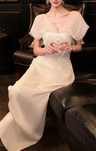White V-Neck Flowy Sleeve Satin Long Evening Gown, Slim Formal Wedding Party Dress fg8764