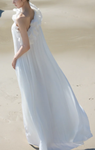 White One Shoulder Ruffle Chiffon Long Dress, Loose Flowy Beach Wedding Gown fg8765