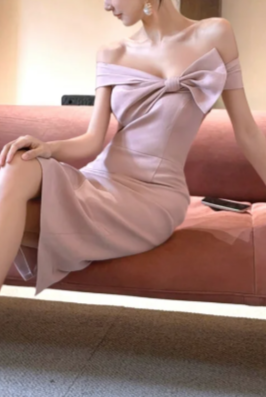 Off Shoulder Big Bow Satin Midi Dress, Slim Formal Cocktail Evening Gown fg8766