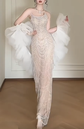 Halter Beaded Mermaid Evening Gown With Detachable Tulle Puff Sleeves fg8768